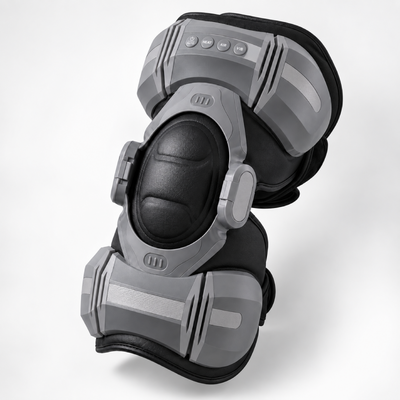 intplus+ Aero Flex Pro knie massage apparaat in grijs en zwart, zijaanzicht op witte achtergrond