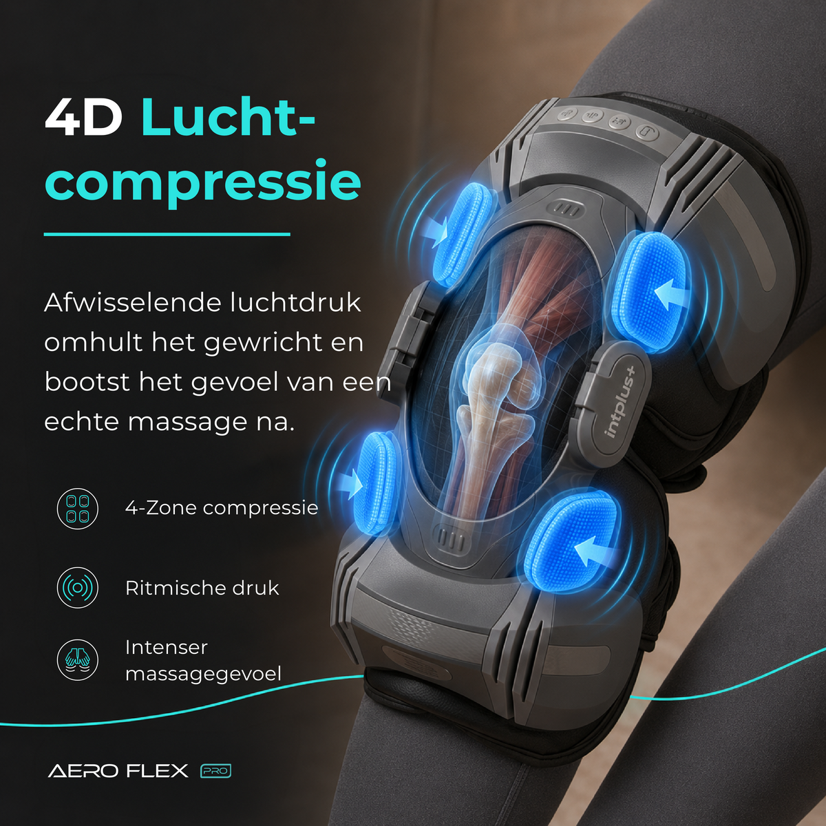 4D luchtcompressie met vier luchtkamers die afwisselend druk opbouwen rond het kniegewricht