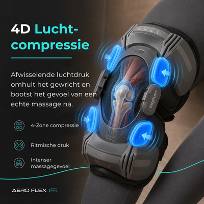 4D luchtcompressie met vier luchtkamers die afwisselend druk opbouwen rond het kniegewricht