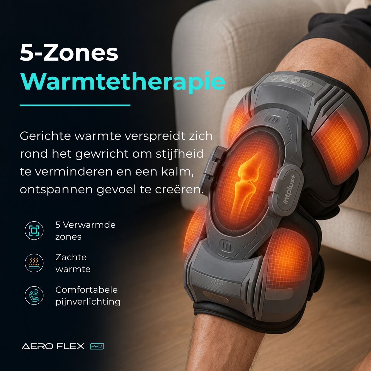 Aero Flex Pro om de knie met vijf verwarmde zones die gerichte warmte rond het gewricht verspreiden