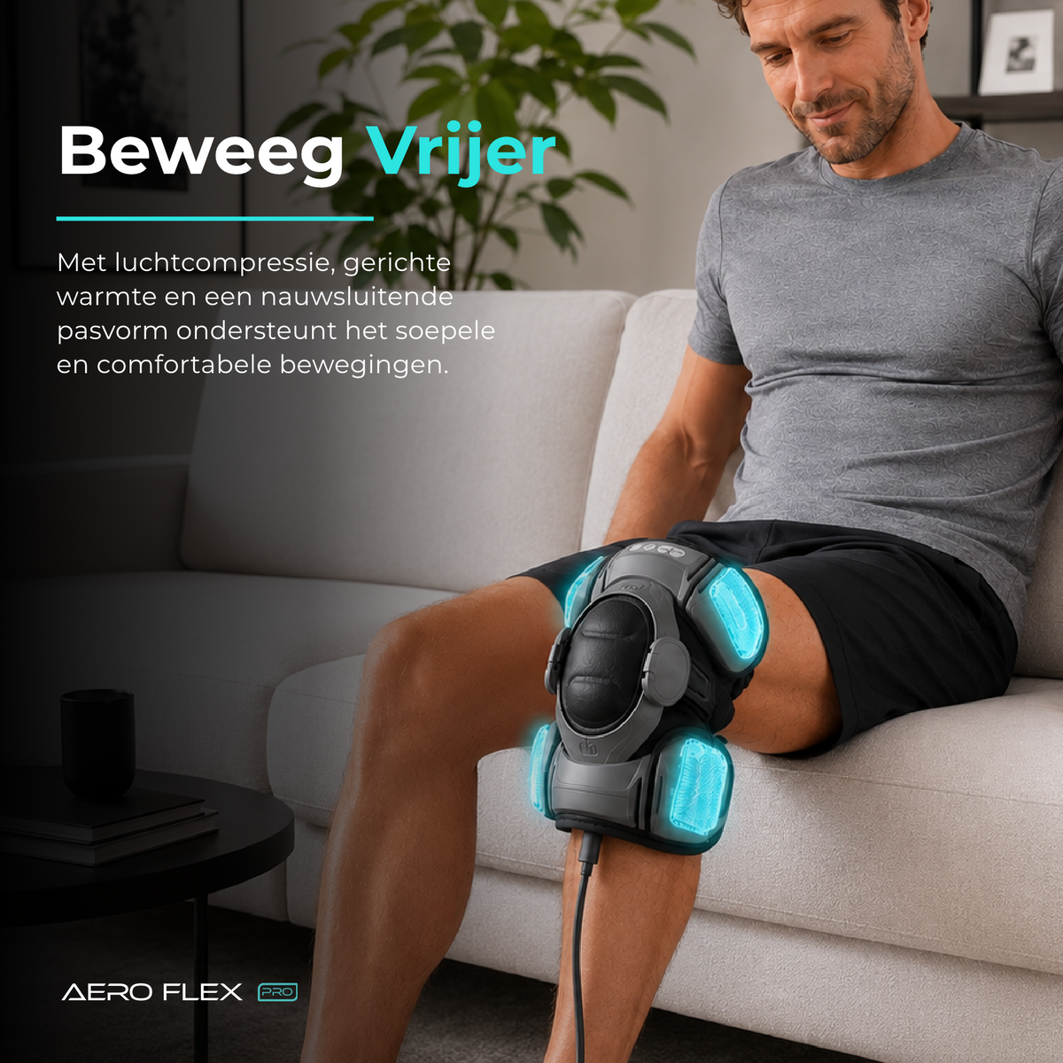 Man op de bank met de Aero Flex Pro om zijn knie tijdens een luchtcompressiesessie