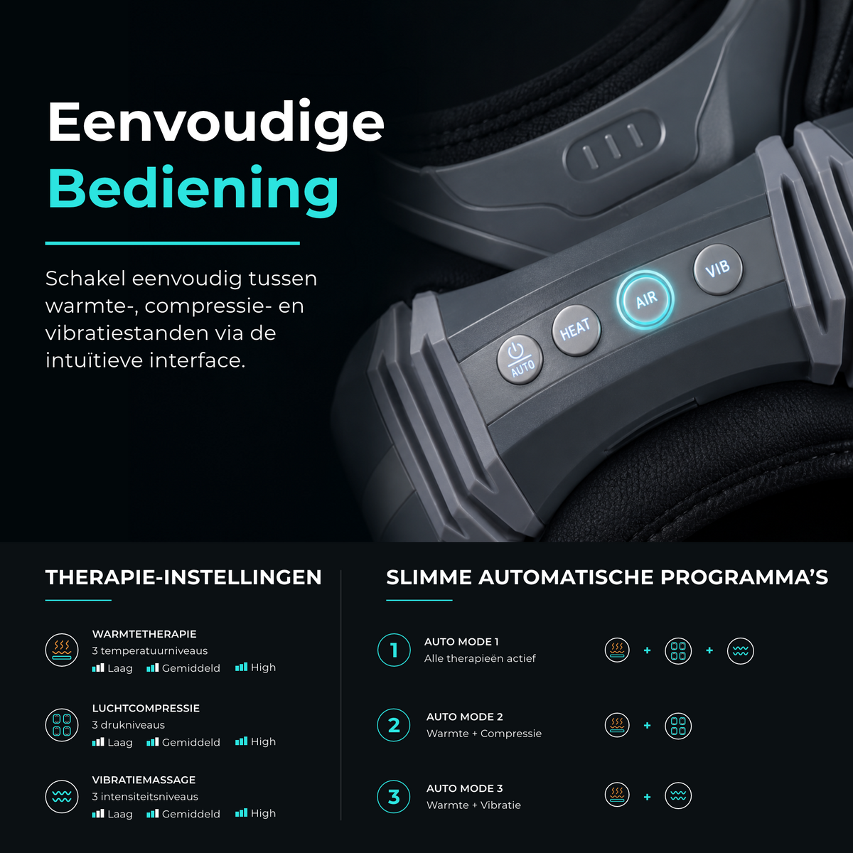 Bedieningspaneel van de Aero Flex Pro met warmte-, compressie- en vibratiestanden en drie automatische programma's